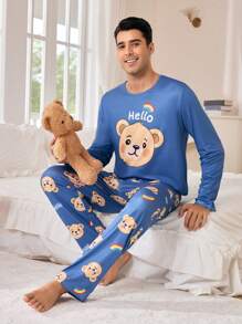 CoupledUp Men's Bear Print Round Neck Long Sleeve Casual Top And Pants Pajama Set