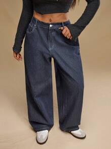 Forever 21 Plus Size Front Button Pocket Simple Stripe Casual Boyfriend Jeans - Navy Blue - View 5