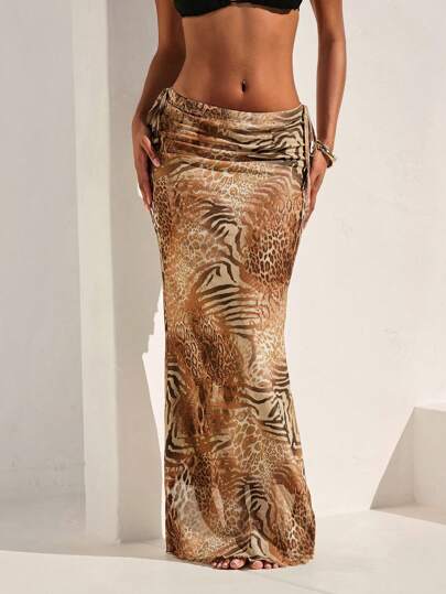 Opulessa Mixed Zebra Striped And Cheetah Print Sexy Animal Print Drawstring Waist Low-Waist Maxi Women Skirt, Suitable For Going Out, Concert, Party, Club , Date, Night Out, Vacation ,Beach ,Garden Wedding Guest , Elegant Skirt For Women, Concert, Party, Club , Valentine's Day ,Graduation , Mother's Day, For Autumn And Winter