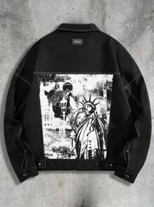 Manfinity VCAY Men's Loose Woven Long Sleeve Jacket & Outerwear, Going Out Graphic Jacket, For Friends, Husband, Boyfriend Gifts - Black - View 1