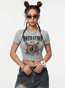SHEIN EZwear 3pcs Set Classic Car & Motorcycle Print Crew Neck Tight Cropped T-Shirts For Women, Suitable For Summer - Multicolor - View 5