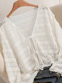 SHEIN Frenchy Plus Size Women Tie Chest V-Neck Frill Trim Top - White - View 7