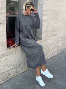 EURMUSE Crew Neck Cable Knit Long Sleeve Sweater Dress