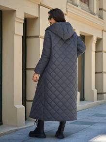 EURMUSE 女士纯色长袖拉链连帽长款休闲棉服外套（冬季） - 深灰色 - 查看 2