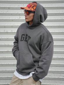 DAZY 男士字母印花口袋长袖休闲套头连帽衫，秋季服装 - 黑色 - 查看 9