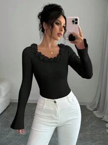 Chiquease 女士黑色秋季花卉贴花圆领长喇叭袖针织套头衫，秋冬款 - 黑色 - 查看 6