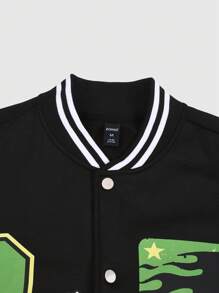 ROMWE MEN Street Life Men's Preppy Letter Color Block Front Button Long Sleeve Pocket Print Casual Baseball Jacket - Black and White - View 3