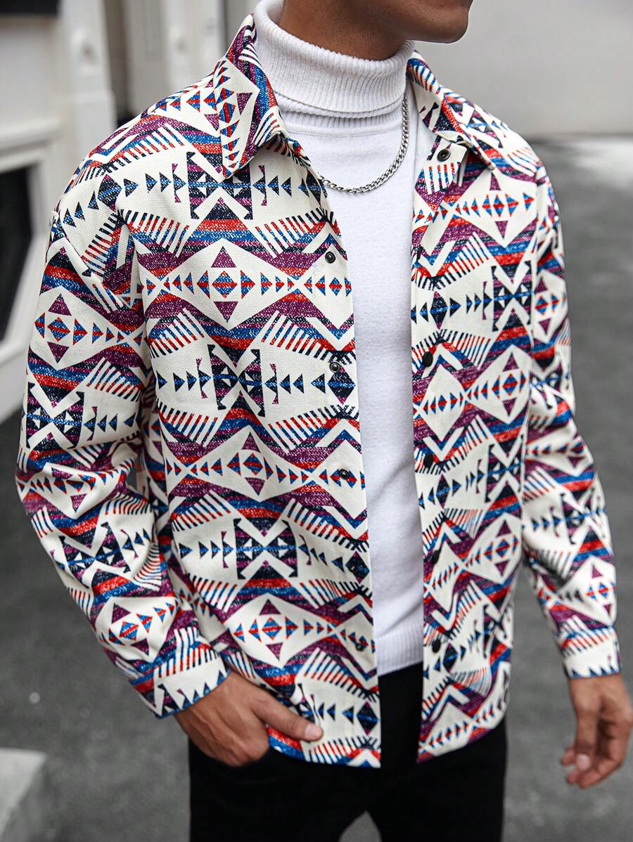 Manfinity Homme Men's Casual Geometric Printed Jacket, Autumn - Multicolor - View 1