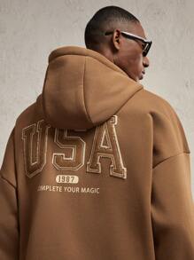 AKNOTIC Business Casual 男士针织字母贴花宽松落肩拉链运动衫，适合秋冬季节，街头装度假长袖全拉链连帽衫，适合朋友、丈夫、男朋友的礼物 - 棕色 - 查看 1