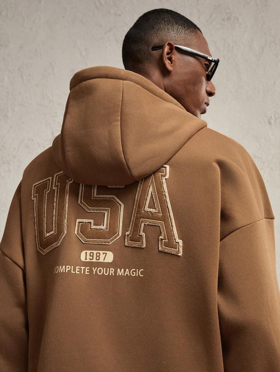 AKNOTIC Business Casual 男士针织字母贴花宽松落肩拉链运动衫，适合秋冬季节，街头装度假长袖全拉链连帽衫，适合朋友、丈夫、男朋友的礼物 - 棕色 - 查看 1