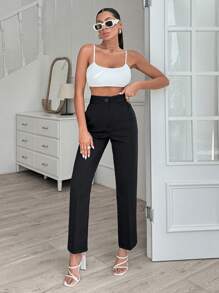 EURMUSE 女式纯色优雅高腰接缝细节长直筒裤，配有拉链和纽扣细节 - 黑色 - 查看 5