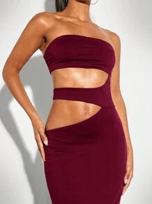 SHEIN BAE Solid Color Sexy Hollow Out Tight Bodycon Dress, Charming Mini Dress For Spring/Summer, Perfect For Party, Date Night, Girls' Gathering - Burgundy - View 6