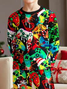 SHEIN Leap Crew Tween Boy Casual Cartoon Game Print Snug Fit Long Sleeve Crew Neck Thermal Lined Loungewear Set, Suitable For Autumn/Winter - Multicolor - View 3