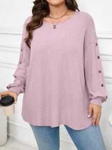 SHEIN LUNE Áo thun tay dài gân màu trơn cỡ lớn dành cho nữ, thường ngày mừng năm mới, phụ nữ nhiệt tình trong ngày lễ Tạ ơn - Bụi tím - Xem 3