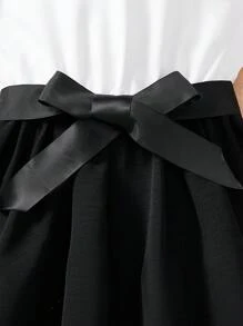 Tween Girls' Color Block Contrast Lace Round Neck Short Sleeve Waist Bow Decor Contrast Color Dress - Black - View 4