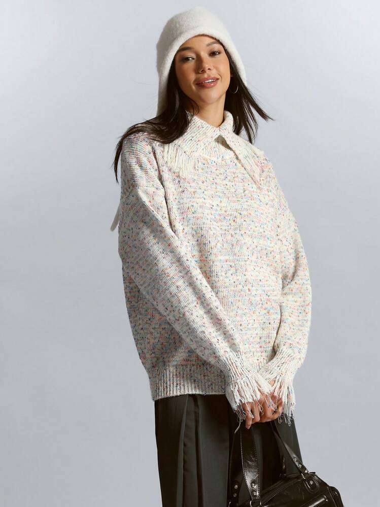 Chiquease Women Rainbow Polka Dot Fringe Trim Collar Split Cuff Design Knit Pullover Sweater, Winter Oversized Turtle Neck Sweater Knit Pullover Fall - Multicolor - View 5
