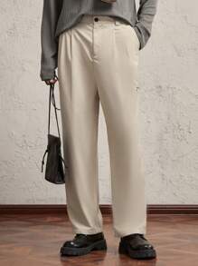 AKNOTIC Business Casual Men's Woven Straight Casual Fit Mid-Waist Pants, Suitable For Everyday Wear - Khaki - View 7