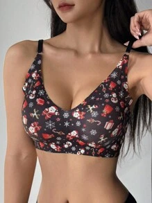 DAZY Cute Christmas Pattern Printed Wireless Seamless Comfortable Breathable Push-Up Bra - Black - View 3