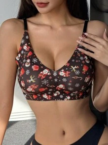 DAZY Cute Christmas Pattern Printed Wireless Seamless Comfortable Breathable Push-Up Bra - Black - View 4