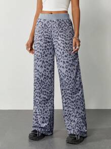SHEIN EZwear Women's Vintage Leopard Y2K Casual Pu Trousers For Back To School