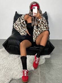 SHEIN SXY 秋冬季保暖豹纹羊毛夹克 - 卡其色 - 查看 4