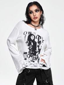 ROMWE Grunge Punk Vintage Distressed Human Silhouette Print Sweater