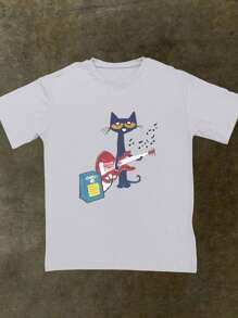 INAWLY Camiseta de manga corta de cuello redondo con estampado gráfico de gato tocando la guitarra para mujeres de talla grande, para el verano