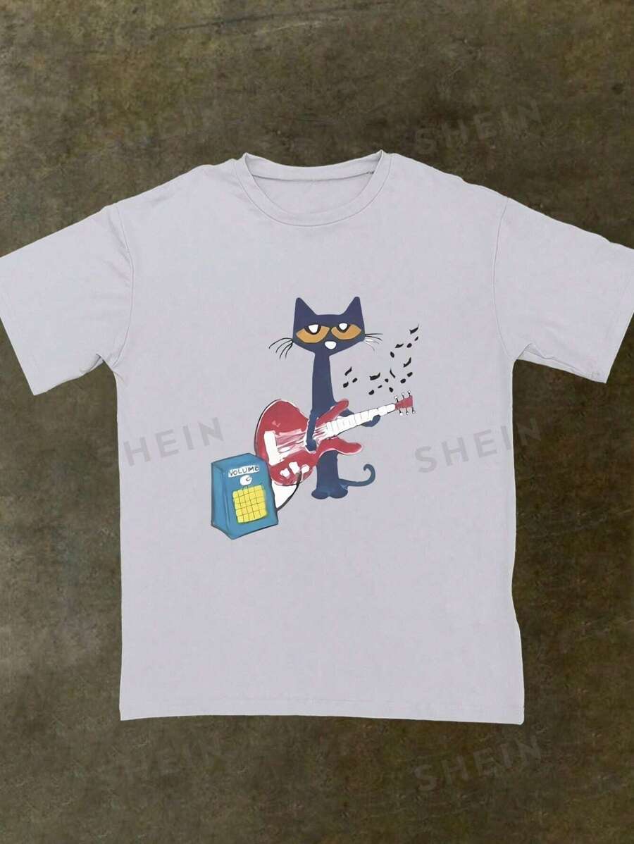 INAWLY Camiseta de manga corta de cuello redondo con estampado gráfico de gato tocando la guitarra para mujeres de talla grande, para el verano
