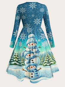 SHEIN LUNE 大码女式休闲冬季节日圣诞树和雪人印花圆领长袖连衣裙女式长裙 - 彩色 - 查看 2