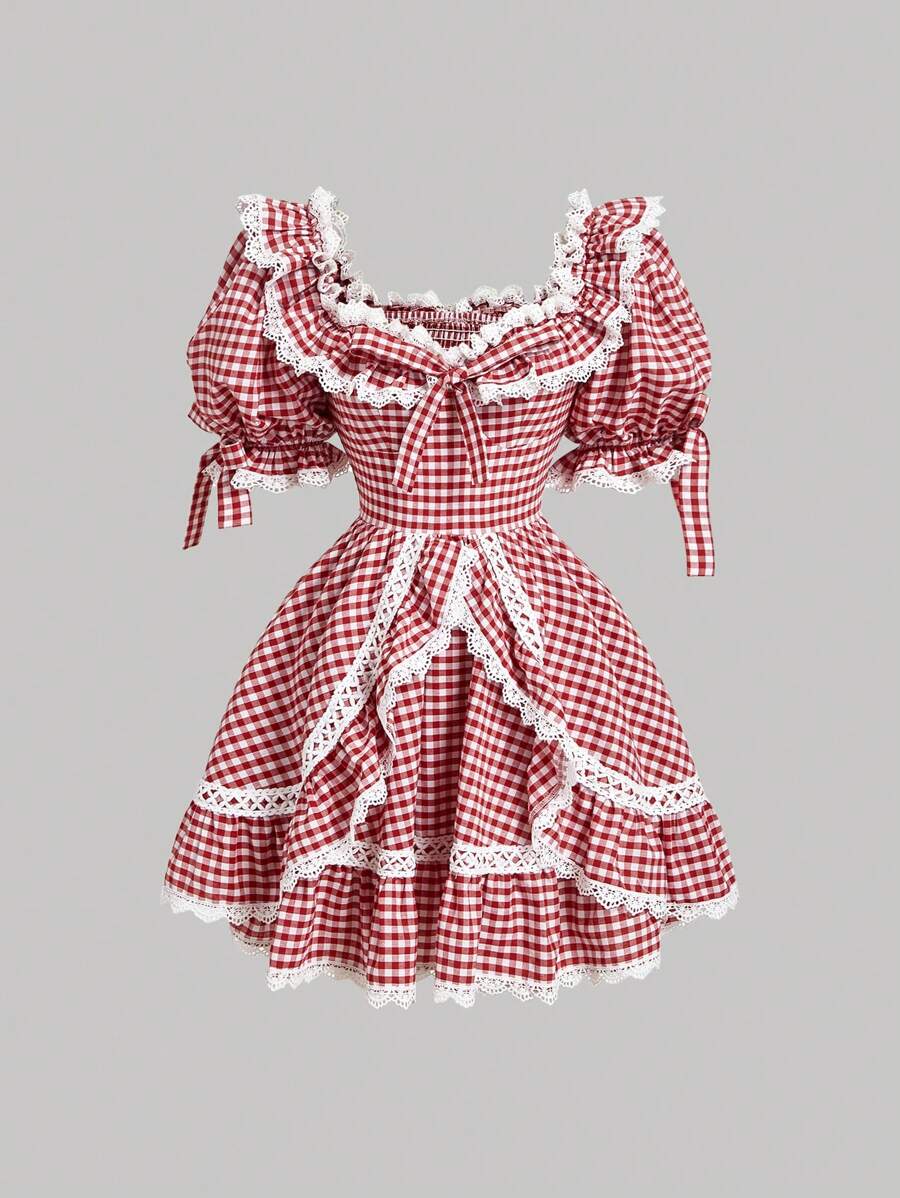 SHEIN MOD 蕾丝和蝴蝶结细节泡泡纱格子全罩杯迷你连衣裙 - 紅白色 - 查看 1
