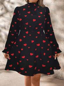 SHEIN Unity 大码女式立领荷叶边袖优雅长袖连衣裙“情人节之爱” - 黑色 - 查看 4