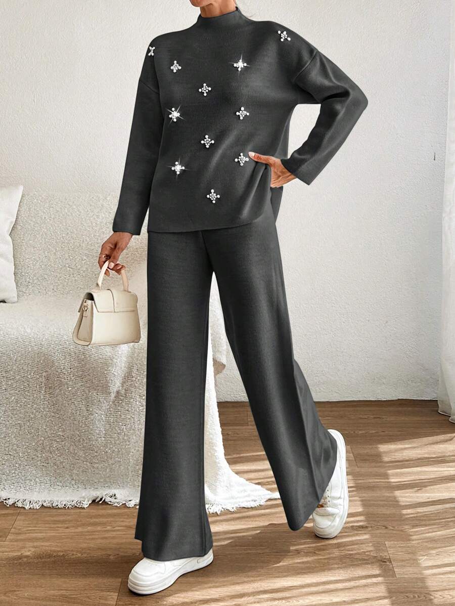 EURMUSE Women Sweater With Pearl Detailed And Knit Pant - Dark Grey - View 1