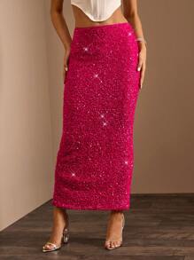 Glamine 女式亮粉色低腰长款亮片修身鱼尾裙，四季百搭，优雅裙装，亮片裙，节日派对裙，女式秋季长裙 - 玫紅色 - 查看 5