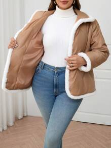 SHEIN Clasi Curvy Plus Size Women's White Fluffy Paneled Single Breasted Quilted Casual Jacket,Winter Fleece-Lined Coat For Hiking Outings,Abrigos - Apricot - View 2