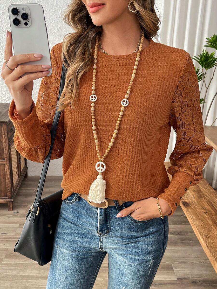 EMERY ROSE 女士优雅圆领撞色蕾丝长袖 T 恤，秋季 - 棕色 - 查看 1