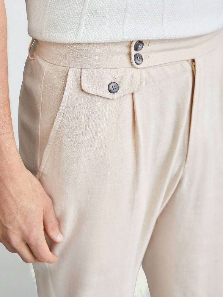 Solid Color Weaved Men\ Casual Suit Trousers With Pockets