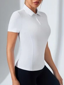 Easithlete Tennis Casual Solid Color Fitted Women's Long Sleeve Sports Polo Shirt - White - View 4