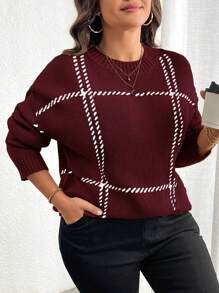 Calvaya Plus Size Women Plaid Pattern Round Neck Drop Shoulder Long Sleeve Casual Pullover Sweater, Autumn/Winter - Burgundy - View 6