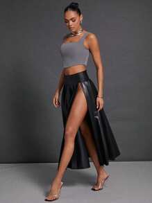 Hauture 1pc Women Solid High Waist Pleated Side Slit Maxi Skirt - Black - View 6