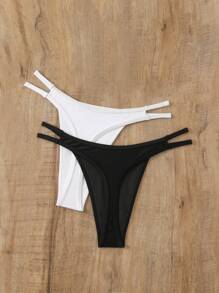 Swim SXY 2 件套女士纯色黑白性感比基尼丁字裤内裤夏季 - 黑與白 - 查看 4