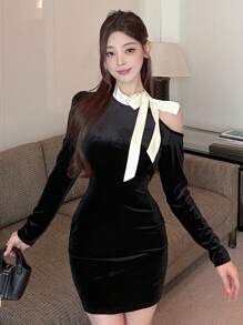 DAZY Women Bowknot Strap Bodycon Mini Dress Elegant,Fall Dress Long Sleeve Dress