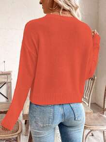 SHEIN LUNE Women's Round Neck Long Sleeve Flag Pattern Casual Sweater, Everyday Wear Knit Pullover Fall Winter - Burnt Orange - View 2