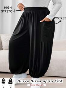 SHEIN CURVE+ Plus Size Black Loose Knit Long Women Jogger Pants - Black - View 4