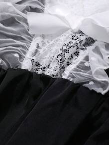 DAZY Bow Decor Contrast Polka Dot Mesh Splice Sexy Nightgown - Black - View 9