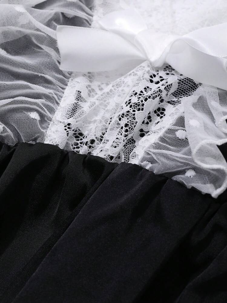 Bow Decor Contrast Polka Dot Mesh Splice Sexy Nightgown Lingerie For Women
