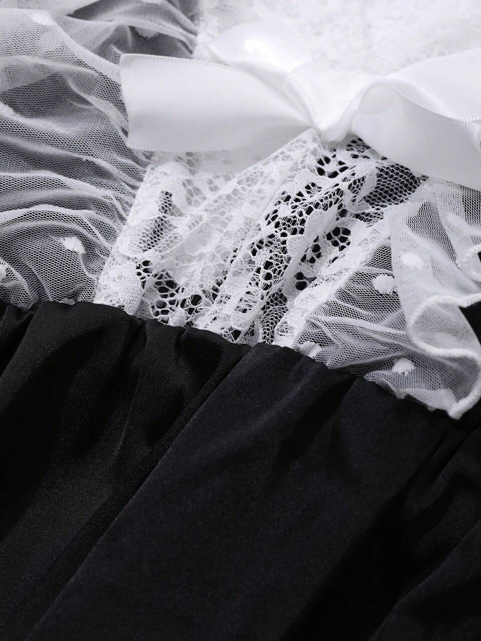 Bow Decor Contrast Polka Dot Mesh Splice Sexy Nightgown Lingerie For Women