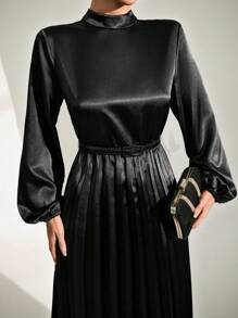 SHEIN Cottnline Women Plain Collarless Long Sleeve Simple Long Dress - Black - View 8