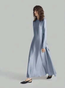 Ontre 女式 2025 新款天蓝色简约设计长袖收腰缎面连衣裙，优雅派对礼服 - 藍色 - 查看 9