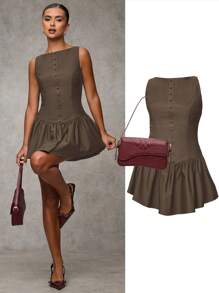 SHEIN BAE 女士纯色荷叶边下摆圆领无袖优雅迷你连衣裙，黑色返校节礼服，返校节礼服，短款礼服，黑色迷你连衣裙