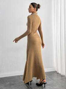 SHEIN Tall Women's Solid Color Splicing Front Button Pocket Long Sleeve Minimalist Long Dress - Mocha Brown - View 2